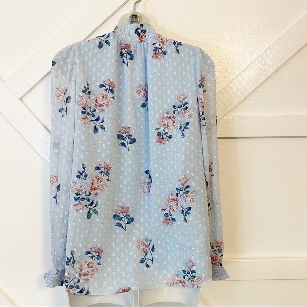 Maison d’Amelie Floral Smocked Swiss Dot High Neck Puff Sleeve Blouse Blue Sz XS - Picture 5 of 9